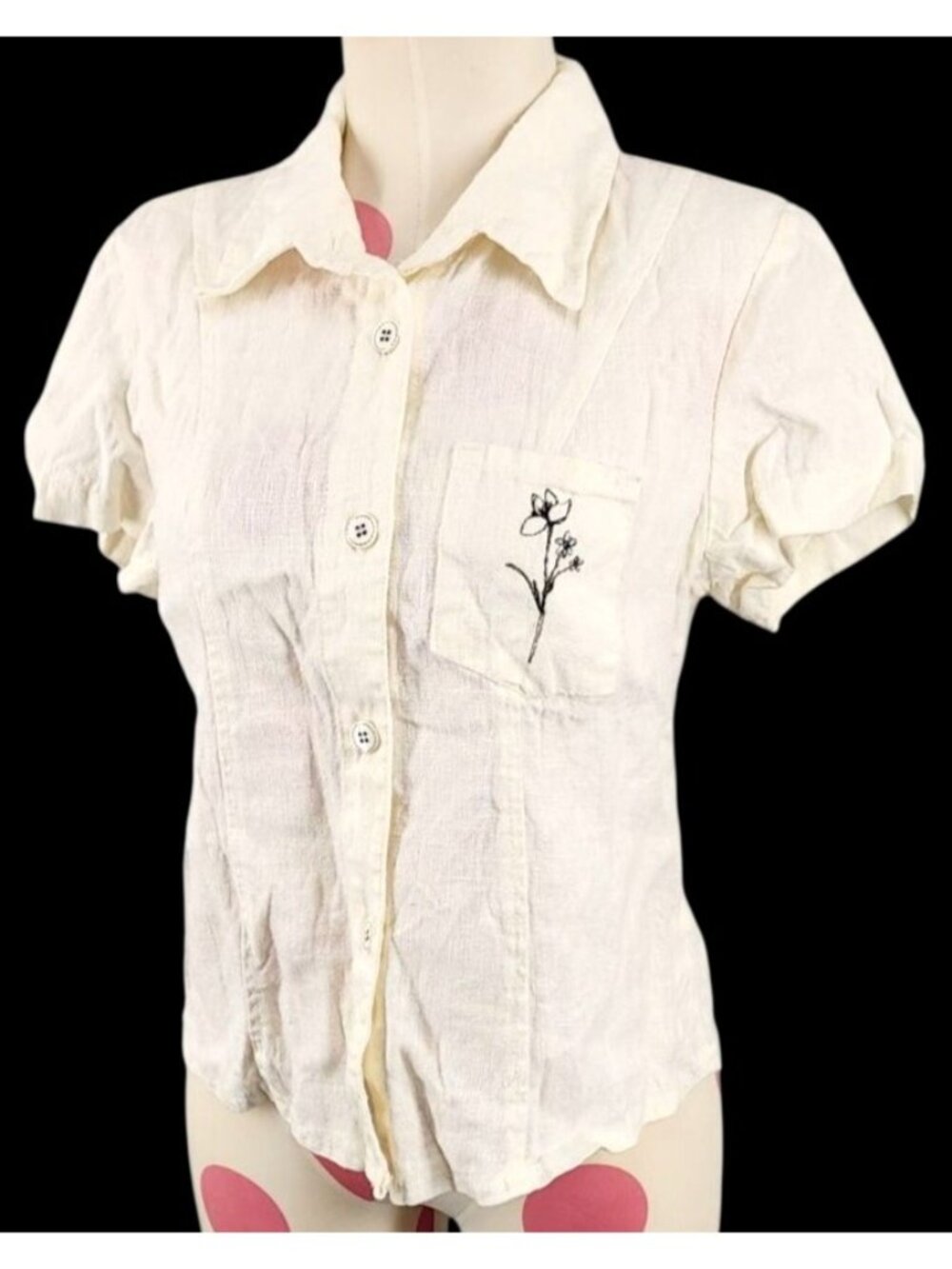 Women's Vintage Studio Ease Petite White Linen Button Down Floral Pocket 6P USA